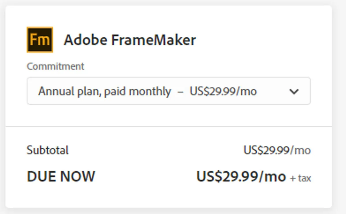 Adobe FrameMaker Pricing Plan