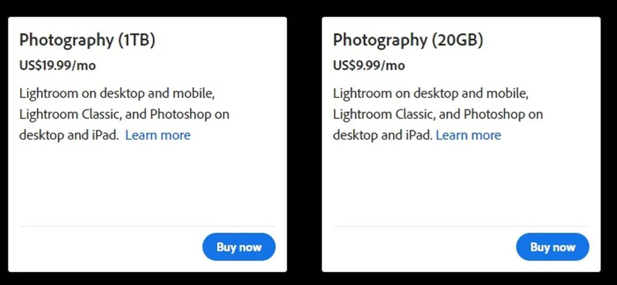 Adobe Photoshop Lightroom Classic Pricing Plan