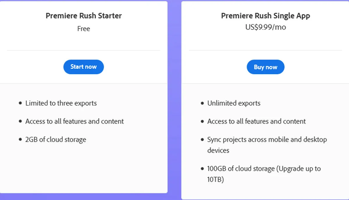 Adobe Premiere Rush Pricing Plan