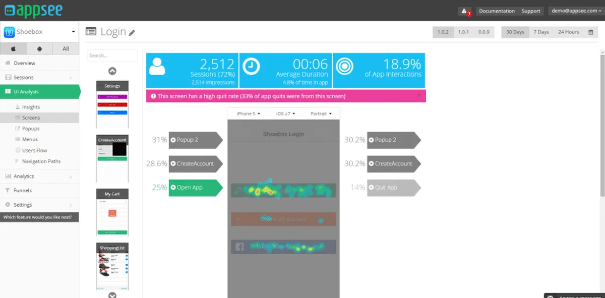 Appsee Mobile Analytics Screenshot