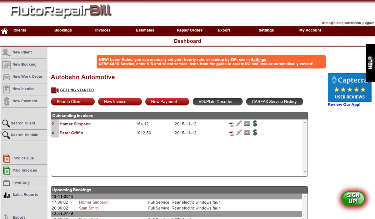 Auto Repair Bill Screenshot