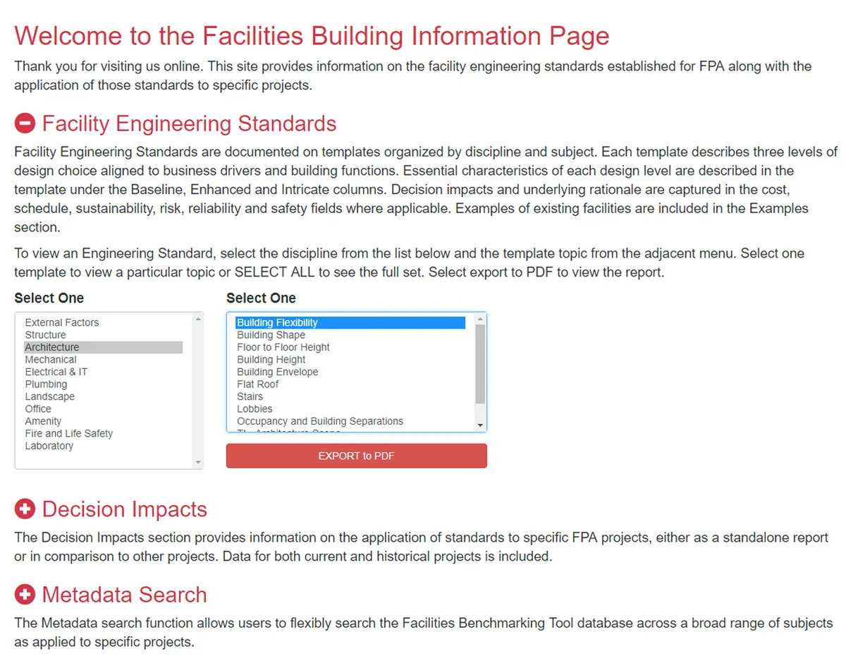 Facility Benchmarking Tool Features