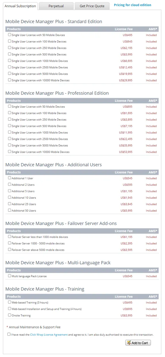 ManageEngine Mobile Device Manager Plus Pricing Plan