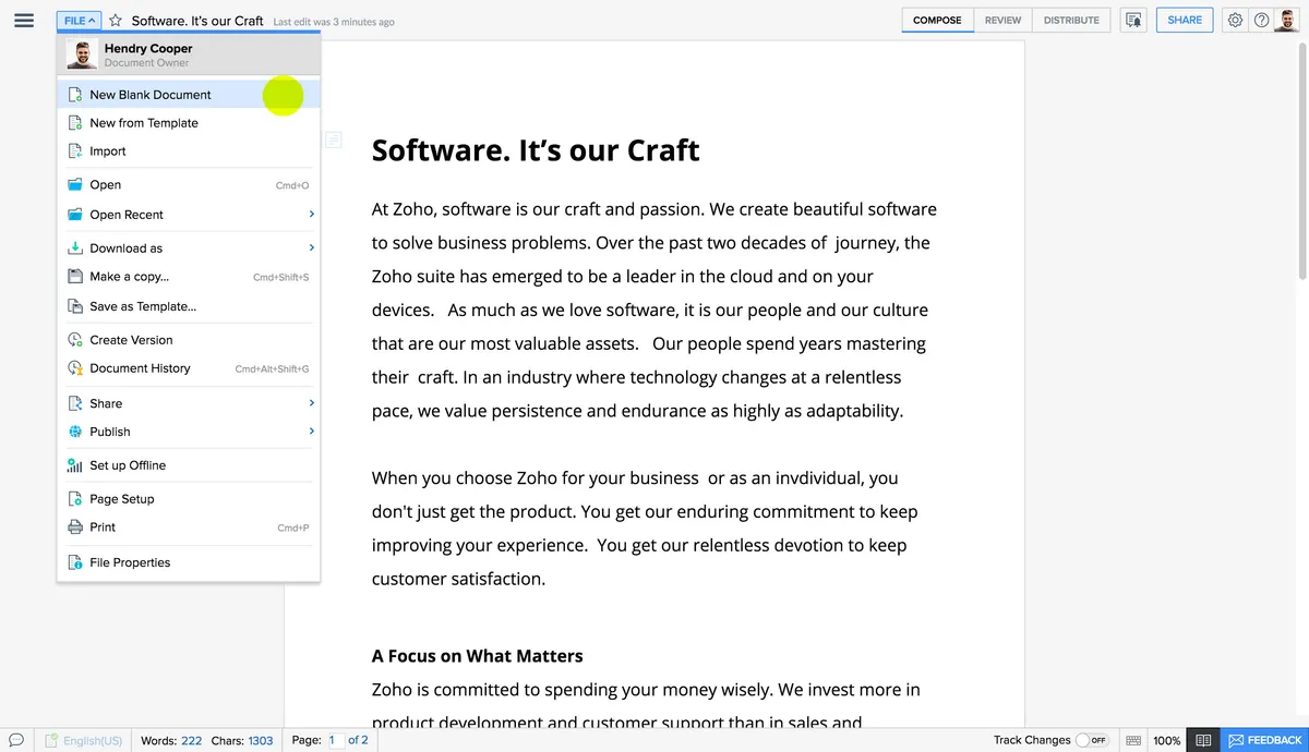 Zoho Writer Features